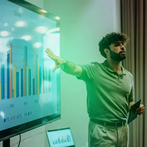 Hombre presentando gráficos Excel en una pantalla gigante